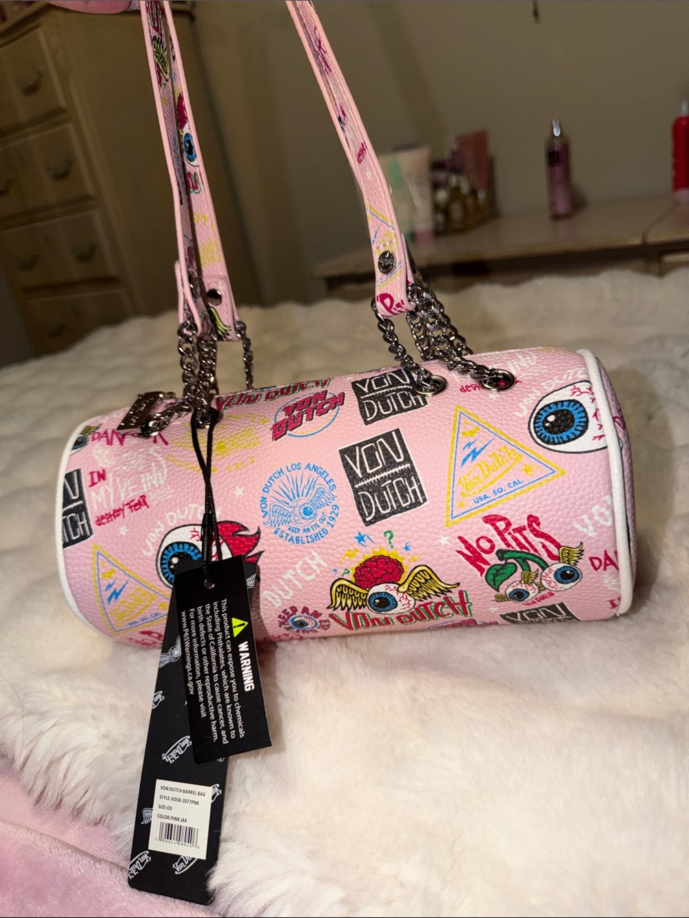 Von Dutch Pink Barrel Shoulder Bag with Multicolor Graphics
